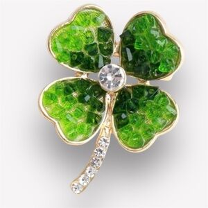 New Luxury Four Leaf Clover Brooch Green Rhinestone Gold Tone